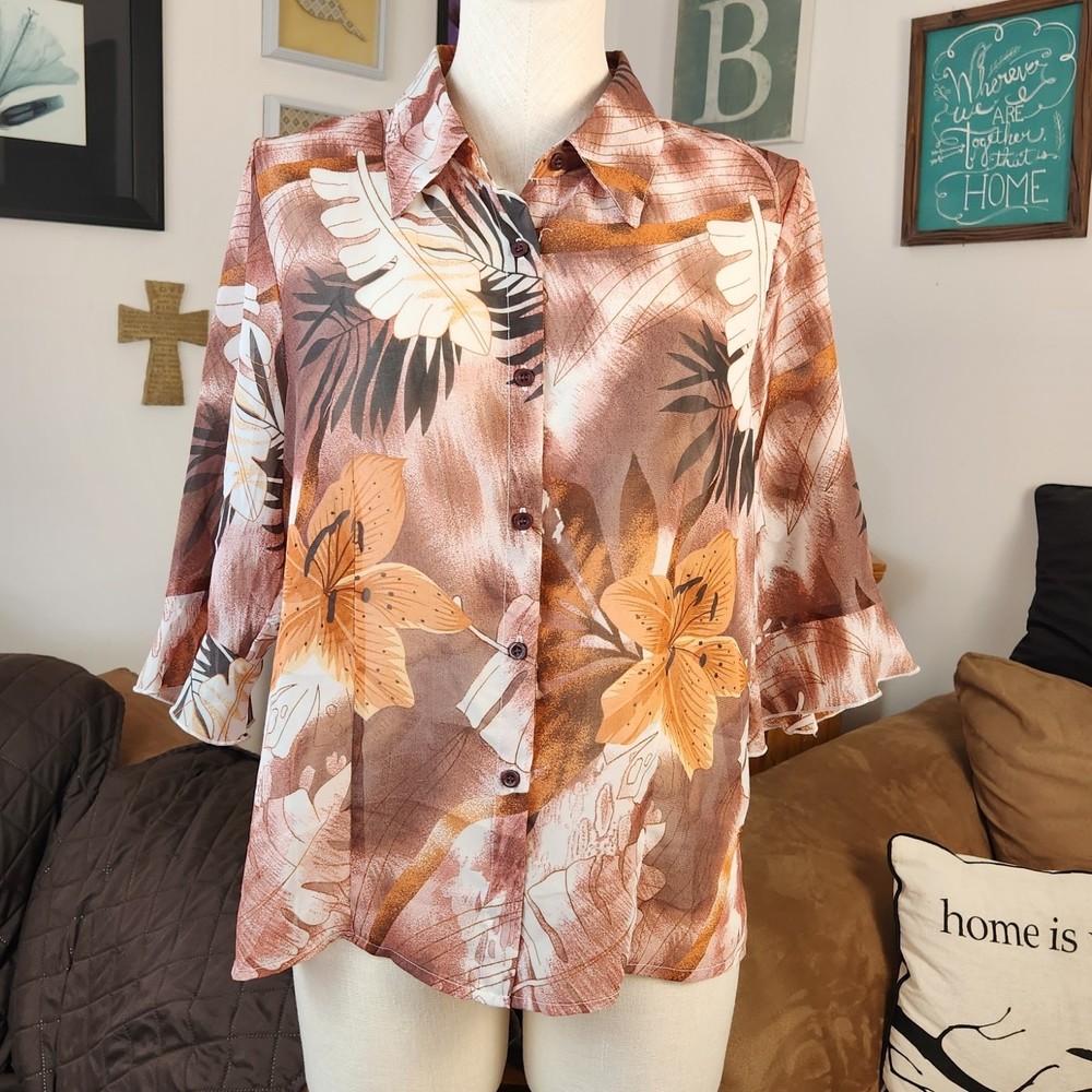 Carol Rose Semi Sheer Ruffle Sleeve Top Blouse Size L